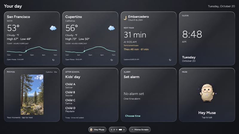 The eight-card native dashboard on a charcoal background with weather charts and restrained highlights, shown in a privacy-edited capture