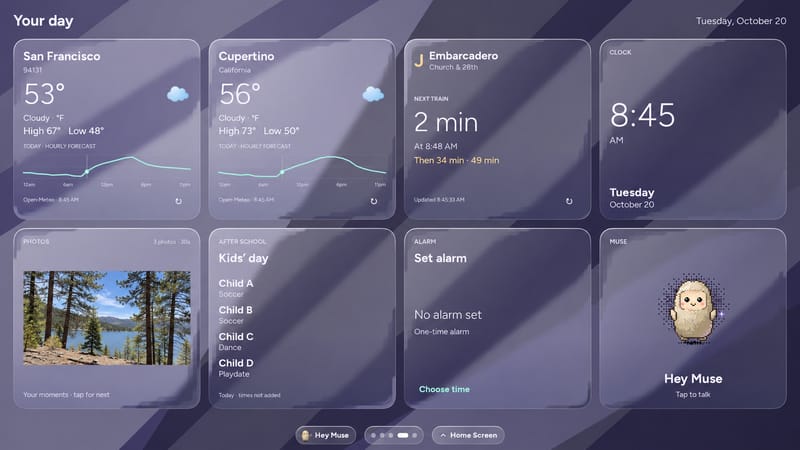 Before the surface revision: eight translucent dashboard cards over a purple diagonal background, with strong glass reflections
