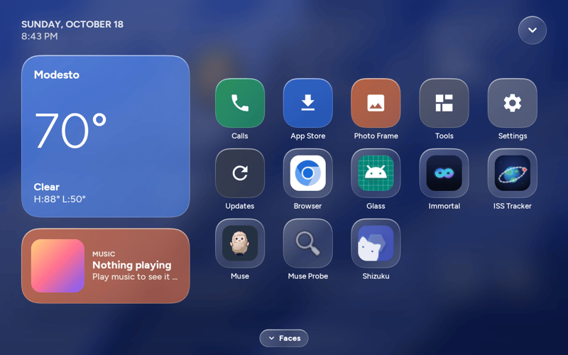 The upstream Glass home screen, with weather, music and a grid of apps