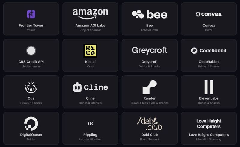 Grid of ClawCon sponsor logos on a dark background, including Amazon AGI Labs, Render, ElevenLabs, DigitalOcean, Rippling, and others with their sponsorship contributions listed
